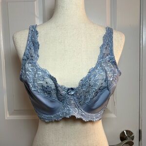 Lace Trim Satin Blue Bra Size 42D
